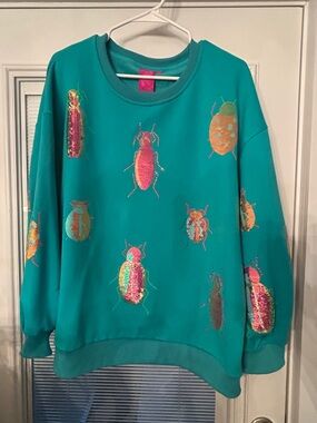 QUEEN OF SPARKLES Teal Sequin Beetle Sweatshirt